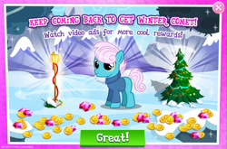 Size: 1964x1295 | Tagged: safe, gameloft, idw, winter comet, earth pony, pony, g4, my little pony: magic princess, bush, christmas, christmas tree, clothes, coin, english, gem, holiday, idw showified, mobile game, mountain, snow, streetlight, sweater, text, tree