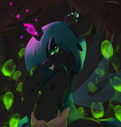 Size: 4000x4200 | Tagged: safe, artist:skitsroom, queen chrysalis, changeling, changeling queen, human, g4, absurd resolution, evil smile, female, green eyes, grin, hive, holding hooves, larva, smiling, solo, teeth