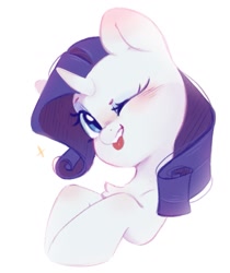 Size: 873x1040 | Tagged: safe, artist:melodylibris, rarity, pony, unicorn, g4, :p, aside glance, blushing, bust, chest fluff, cute, female, horn, looking at you, mare, one eye closed, raribetes, simple background, solo, three quarter view, tongue out, white background, wink, winking at you