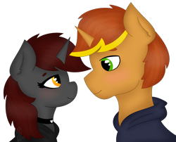 Size: 2024x1638 | Tagged: safe, artist:embermare, artist:emberstoneeqf, artist:emberstoner, oc, oc only, oc:ember stone, oc:radray, pony, unicorn, blushing, choker, clothes, collar, couple, female, hoodie, male, mare, oc x oc, shipping, simple background, size difference, stallion, straight, transparent background