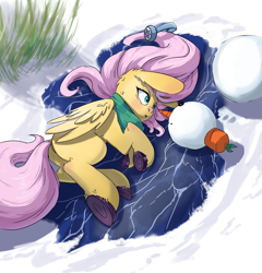 Size: 2480x2584 | Tagged: safe, artist:i love hurt, fluttershy, pegasus, pony, g4, alone, butt, carrot, clothes, colored hooves, earmuffs, face to face, female, fluffy, folded wings, food, high res, looking at something, lying down, mare, missing cutie mark, on side, outdoors, plot, scarf, snow, snowman, solo, wings, winter, winter outfit