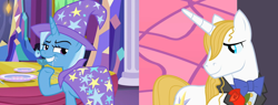 Size: 1900x720 | Tagged: safe, edit, edited screencap, screencap, prince blueblood, trixie, pony, unicorn, g4, no second prances, the best night ever, bowtie, cape, clothes, cropped, female, flower, grin, hat, male, rose, ship:bluetrix, shipping, smiling, straight, trixie's cape, trixie's hat, twinkle, waving