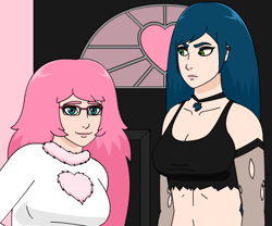 Size: 449x374 | Tagged: safe, artist:mixermike622, queen chrysalis, oc, oc:chrystina, oc:fluffle puff, human, g4, breasts, canon x oc, cleavage, female, floof'n'friends, glasses, humanized, lesbian, looking at you, ship:chrysipuff, shipping, smiling, smiling at you