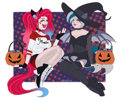 Size: 1633x1389 | Tagged: safe, artist:wicked-red-art, oc, oc only, oc:elizabat stormfeather, oc:painted lilly, human, alternate hairstyle, belt, blushing, boots, breasts, bucket, candy, choker, clothes, commission, costume, cute, dc comics, dress, duo, eared humanization, eyes closed, eyeshadow, fangs, female, fingerless gloves, fishnets, food, gloves, halloween, halloween costume, harley quinn, hat, high heel boots, holiday, humanized, humanized oc, jack-o-lantern, lipstick, lollipop, makeup, nail polish, nonbinary, open mouth, pumpkin, pumpkin bucket, shirt, shoes, shorts, simple background, sitting, skirt, socks, stockings, tail, tailed humanization, thigh highs, transparent background, wall of tags, winged humanization, wings, witch, witch hat