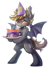 Size: 1029x1455 | Tagged: safe, artist:chaosangeldesu, oc, oc only, oc:orion, bat pony, pony, bat pony oc, bat wings, bipedal, cake, cute, food, male, simple background, smiling, solo, stallion, white background, wings