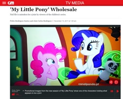 Size: 1352x1079 | Tagged: safe, screencap, pinkie pie, rarity, bear, earth pony, panda, pony, unicorn, g4, the gift of the maud pie, blunt, canalpanda, cowboy bebop at his computer, drugs, duo, epic fail, fail, female, mare, marijuana, nail file, news, news report, portugal, sitting, wat, you had one job