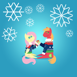 Size: 2160x2160 | Tagged: safe, anonymous artist, big macintosh, fluttershy, oc, oc:late riser, earth pony, pegasus, pony, series:fm holidays, series:hearth's warming advent calendar 2022, g4, advent calendar, baby, baby pony, christmas, christmas sweater, clothes, colt, family, female, foal, high res, holding a pony, holiday, lineless, looking at you, male, mare, offspring, parent:big macintosh, parent:fluttershy, parents:fluttermac, pointy ponies, ship:fluttermac, shipping, sitting, smiling, smiling at you, snow, snowflake, stallion, straight, sweater