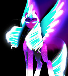 Size: 2284x2535 | Tagged: safe, artist:aztrial, opaline arcana, alicorn, pony, g5, my little pony: make your mark, my little pony: make your mark chapter 2, spoiler:g5, spoiler:my little pony: make your mark, black background, dragonfire, female, glowing, glowing eyes, glowing horn, high res, horn, magic, mare, markings, simple background, solo