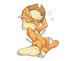 Size: 500x395 | Tagged: safe, artist:sleepysheepytea, applejack, earth pony, pony, g4, cute, feather, female, hoof tickling, jackabetes, mare, simple background, solo, tickling, white background
