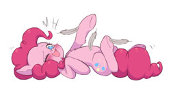 Size: 500x270 | Tagged: safe, artist:sleepysheepytea, pinkie pie, earth pony, pony, g4, feather, hoof tickling, simple background, solo, tickling, white background