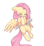 Size: 500x519 | Tagged: safe, artist:sleepysheepytea, fluttershy, pegasus, pony, blushing, cute, eyes closed, feather, female, floppy ears, hooves to the chest, mare, shyabetes, simple background, smiling, solo, spread wings, three quarter view, tickling, white background, wings