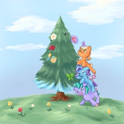 Size: 4096x4096 | Tagged: safe, artist:felldeal, glory (g5), peach fizz, seashell (g5), earth pony, pegasus, pony, unicorn, series:daily drawing december, g5, absurd resolution, christmas, female, filly, foal, glowing, glowing horn, holiday, horn, magic, pippsqueak trio, pippsqueaks, telekinesis, tree, trio