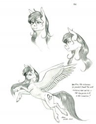 Size: 1100x1407 | Tagged: safe, artist:baron engel, oc, oc only, oc:tail, pegasus, pony, female, flying, grayscale, mare, monochrome, pencil drawing, simple background, solo, spread wings, story in the source, traditional art, unshorn fetlocks, white background, wings