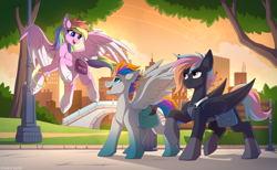Size: 3516x2160 | Tagged: safe, artist:strafe blitz, oc, oc only, oc:aurora codec, oc:onyx lighthoof, oc:pixel codec, pegasus, pony, bag, beautiful, bench, bridge, city, cloud, cloudy, coat markings, colored, colored wings, concave belly, cute, father and child, father and daughter, female, flying, folded wings, gradient hooves, gradient legs, high res, hoofband, lighting, looking at each other, looking at someone, male, multicolored hair, multicolored wings, nintendo switch, open mouth, pale belly, park, park bench, pegasus oc, rainbow hair, raised hoof, raised leg, saddle bag, scenery, shadow, sky, slender, socks (coat markings), spread wings, streetlight, striped tail, sunset, tail, thin, tree, trio, two toned wings, unshorn fetlocks, wall of tags, wings, wristband