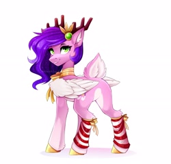 Size: 2560x2462 | Tagged: safe, artist:buvanybu, pipp petals, deer, deer pony, original species, peryton, reindeer, g5, adorapipp, antlers, butt, clothes, colored ear fluff, colored hooves, cute, deer tail, deerified, ear fluff, female, fluffy tail, folded wings, gold hooves, high res, hock fluff, hooves, leg warmers, looking at you, looking back, looking back at you, mare, neck ribbon, pale belly, pipp butt, plot, simple background, smiling, smiling at you, solo, species swap, standing, striped leg warmers, tail, white background, white wings, wings