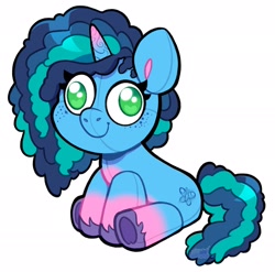 Size: 2048x2024 | Tagged: safe, artist:shyshyoctavia, misty brightdawn, pony, unicorn, g5, commissioner:briarlight, cute, derp, fake cutie mark, freckles, high res, mistybetes, plushie, plushification, simple background, sitting, solo, white background