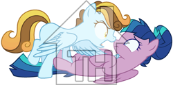 Size: 1718x854 | Tagged: safe, artist:gaines, oc, oc only, oc:sugar heart, oc:twilight century, pegasus, pony, bun hairstyle, cousins, duo, duo female, female, mare, obtrusive watermark, offspring, old art, parent:flash sentry, parent:pound cake, parent:princess flurry heart, parent:twilight sparkle, parents:flashlight, parents:poundflurry, pegasus oc, simple background, toyhouse, toyhouse watermark, watermark, white background