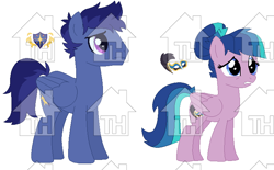 Size: 740x459 | Tagged: safe, artist:gaines, oc, oc only, oc:dark decade, oc:twilight century, pegasus, pony, brother and sister, duo, duo male and female, female, male, mare, obtrusive watermark, offspring, old art, parent:flash sentry, parent:twilight sparkle, parents:flashlight, pegasus oc, siblings, simple background, stallion, toyhouse, toyhouse watermark, watermark, white background
