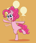 Size: 1536x1819 | Tagged: safe, artist:feralroku, pinkie pie, earth pony, pony, bipedal, blushing, female, mare, open mouth, simple background, smiling, solo, standing, standing on one leg, waving, yellow background