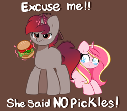 Size: 3850x3386 | Tagged: safe, artist:kittyrosie, oc, oc only, oc:rosa flame, pony, unicorn, angry, asked for no pickles, backwards ballcap, baseball cap, burger, cap, dialogue, duo, food, hamburger, hat, high res, levitation, magic, pickle, shy, teary eyes, telekinesis