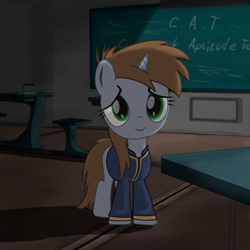 Size: 2000x2000 | Tagged: safe, artist:dddromm, oc, oc only, oc:littlepip, pony, unicorn, fallout equestria, chalkboard, clothes, cute, fanfic art, female, filly, filly littlepip, foal, high res, jumpsuit, solo, stable 2, table, vault suit