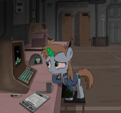 Size: 2186x2048 | Tagged: safe, artist:dddromm, oc, oc only, oc:littlepip, pony, unicorn, fallout equestria, clothes, computer, fanfic art, female, filly, filly littlepip, foal, high res, jumpsuit, magic, pipbuck, solo, stable 2, stable tec, telekinesis, terminal, tetris, vault suit