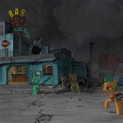 Size: 2000x2000 | Tagged: safe, artist:dddromm, oc, oc only, oc:littlepip, earth pony, pony, unicorn, fallout equestria, bandage, bar, bomb collar, collar, fanfic art, female, filly, foal, high res, male, mare, old appleloosa, power line, slave, slaver, stallion