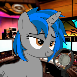 Size: 2000x2000 | Tagged: safe, artist:dddromm, oc, oc only, oc:homage, pony, unicorn, fallout equestria, bedroom eyes, female, high res, irl, mare, microphone, photo, ponies in real life, real life background, smiling, solo