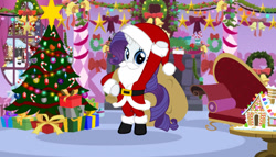 Size: 1024x585 | Tagged: artist needed, safe, rarity, pony, unicorn, g4, bell, belt, bipedal, boots, bow, candy, candy cane, carousel boutique, chimney, christmas, christmas decoration, christmas lights, christmas ornament, christmas star, christmas stocking, christmas tree, christmas wreath, clothes, costume, couch, decoration, fainting couch, fake beard, female, fireplace, food, garland, gingerbread house, hat, holiday, holly, indoors, lights, looking at you, mare, present, sack, santa beard, santa claus, santa costume, santa hat, santa sack, shoes, snow, snowfall, snowpony, solo, standing, table, tree, window, wreath