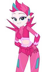 Size: 688x1036 | Tagged: safe, artist:robertsonskywa1, zipp storm, human, equestria girls, g4, g5, my little pony: a new generation, arcee, female, hand on hip, liza koshy, midriff, simple background, slender, solo, thin, transformers, transformers rise of the beasts, voice actor joke, white background