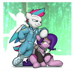Size: 1979x1979 | Tagged: safe, artist:captainhoers, pipp petals, zipp storm, cyborg, cyborg pony, pegasus, pony, the sunjackers, g5, abstract background, adorapipp, bipedal, bipedal leaning, boots, clothes, cute, duo, female, firesuit, floppy ears, hoof on head, jumpsuit, leaning, mare, nose wrinkle, one eye closed, racing suit, royal sisters (g5), shoes, siblings, sisters, sitting, smiling