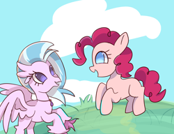 Size: 2100x1610 | Tagged: source needed, safe, artist:lilyfire, pinkie pie, silverstream, earth pony, hippogriff, pony, g4, duo, happy, no pupils