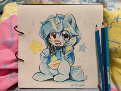 Size: 2048x1536 | Tagged: safe, artist:oofycolorful, oc, oc only, oc:otakulight, pony, unicorn, bandaid, bandaid on nose, eye clipping through hair, headphones, horn, looking at you, pencil drawing, sitting, smiling, smiling at you, solo, traditional art, unicorn oc, wingdings