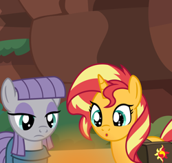 Size: 6012x5664 | Tagged: safe, artist:emeraldblast63, maud pie, sunset shimmer, earth pony, pony, unicorn, comic:the tale of two sunsets, g4, :o, absurd resolution, bag, duo, female, mare, open mouth, saddle bag, story included