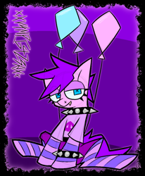 Size: 956x1159 | Tagged: safe, artist:xxv4mp_g4z3rxx, oc, oc only, oc:jenny, earth pony, pony, balloon, belt, blue eyes, clothes, collar, makeup, pink coat, signature, sitting, skirt, socks, solo, spiked collar, spiked wristband, striped socks, wristband