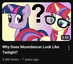 Size: 534x466 | Tagged: dead source, safe, artist:sawtooth waves, edit, edited screencap, screencap, moondancer, twilight sparkle, pony, unicorn, amending fences, g4, alternate hairstyle, duo, episode followup, glasses, question mark, reference, similarities, thumbnail, unicorn twilight, video at source, youtube, youtube link, youtube thumbnail