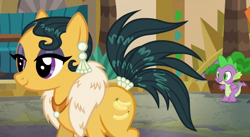 Size: 736x404 | Tagged: safe, screencap, cleopatra jazz, discord, spike, dragon, earth pony, pony, dungeons and discords, g4, butt, cropped, duo, eyes on the prize, feather boa, female, mare, offscreen character