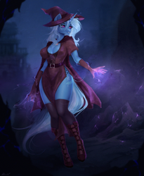 Size: 1800x2200 | Tagged: safe, artist:alicesmitt31, trixie, unicorn, anthro, unguligrade anthro, g4, absolute cleavage, boots, breasts, busty trixie, cleavage, clothes, female, gloves, hat, horn, long gloves, magic, night, sexy, shoes, socks, solo, stupid sexy trixie, thigh highs, thighs, wizard hat