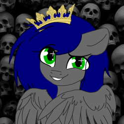 Size: 1280x1280 | Tagged: safe, artist:radioaxi, edit, editor:solar eclipse, oc, oc:mb midnight breeze, pegasus, pony, blue mane, crown, folded wings, gray coat, green eyes, jewelry, looking at you, pegasus oc, regalia, royalty, skull, smiling, smiling at you, solo, teeth, wings