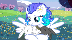 Size: 872x486 | Tagged: safe, artist:kichimina, oc, oc only, oc:fantein, pegasus, pony, rabbit, g4, animal, animated, commission, cute, female, flower, flower field, flower in hair, gif, hug, looking at someone, mare, ocbetes, smiling, spread wings, wings