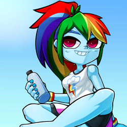 Size: 1720x1720 | Tagged: safe, artist:kyouman1010, rainbow dash, human, equestria girls, g4, bare shoulders, blue background, bottle, clothes, compression shorts, cutie mark on clothes, female, gradient background, happy, multicolored hair, pink eyes, rainbow hair, shorts, shorts under skirt, simple background, sitting, skirt, sleeveless, smiling, solo, tank top, teenager, tomboy