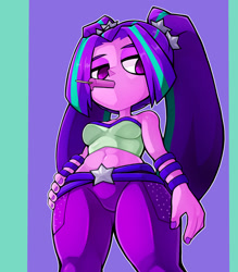 Size: 1350x1543 | Tagged: safe, artist:kyouman1010, aria blaze, human, equestria girls, g4, abs, bare shoulders, belly button, female, food, hand on hip, ice cream, looking at you, midriff, sleeveless, solo, strapless