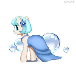 Size: 1744x1516 | Tagged: safe, artist:vinilyart, coco pommel, earth pony, pony, g4, blue dress, bubble, choker, clothes, cocobetes, cute, dress, eye clipping through hair, female, flower, flower in hair, looking back, mare, simple background, smiling, solo, white background