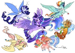 Size: 1057x756 | Tagged: safe, artist:cactiflowers, artist:cigarscigarettes, applejack, fluttershy, pinkie pie, rainbow dash, rarity, twilight sparkle, alicorn, earth pony, pegasus, pony, unicorn, g4, alternate design, artificial wings, augmented, balloon, braid, chest fluff, cloven hooves, coat markings, colored hooves, cowboy hat, eyes closed, female, flying, glimmer wings, hat, jewelry, looking back, magic, magic wings, mane six, mare, missing cutie mark, neckerchief, older, older applejack, older fluttershy, older mane six, older pinkie pie, older rainbow dash, older rarity, older twilight, regalia, rubber duck, simple background, smiling, socks (coat markings), streamers, twilight sparkle (alicorn), white background, wings