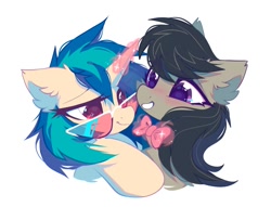 Size: 1338x1020 | Tagged: safe, artist:mirtash, dj pon-3, octavia melody, vinyl scratch, earth pony, pony, unicorn, g4, blushing, bowtie, duo, ear fluff, female, lesbian, looking at each other, looking at someone, magic, mare, ship:scratchtavia, shipping, simple background, smiling, sunglasses, white background