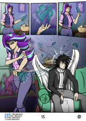 Size: 1500x2122 | Tagged: safe, artist:deroach, starlight glimmer, oc, oc:daylight, human, comic:tales from equestria part 1, equestria project humanized, g4, bottle, clothes, comic, cutie mark on clothes, fanfic, humanized, jacket, school of friendship, shattered glass, tinyface, winged humanization, wings