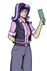 Size: 1499x2255 | Tagged: safe, artist:deroach, starlight glimmer, human, equestria project humanized, g4, abstract background, bottle, clothes, comic, cutie mark on clothes, fanfic, fanfic art, female, humanized, jacket, shirt, simple background, solo, transparent background