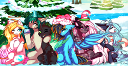 Size: 4565x2376 | Tagged: safe, artist:2pandita, oc, oc only, changeling, earth pony, pegasus, pony, unicorn, changeling oc, christmas, green changeling, halo, hat, holiday, santa hat, snow, snowfall, tree