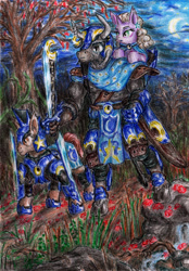 Size: 2297x3306 | Tagged: safe, artist:lubronyr, oc, oc only, earth pony, minotaur, pony, unicorn, armor, crescent moon, female, forest, high res, male, mare, moon, night, riding, stallion, sword, traditional art, trio, weapon