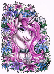 Size: 1790x2462 | Tagged: safe, artist:lupiarts, fleur-de-lis, pony, unicorn, bust, female, flower, looking at you, mare, portrait, simple background, smiling, solo, white background